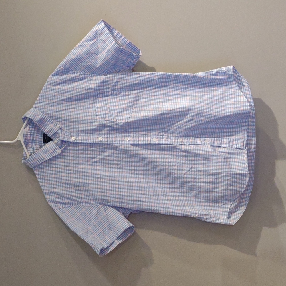 J.Crew Flex mens Xlarge 17-17.5 blue pink checked short sleeve button down shirt